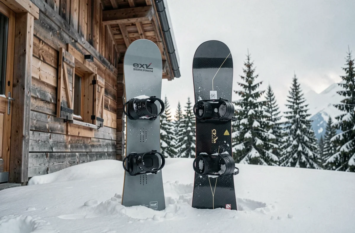 Comparaison visuelle d'un snowboard d'entrée de gamme et d'un snowboard premium posés dans la neige devant un chalet alpin