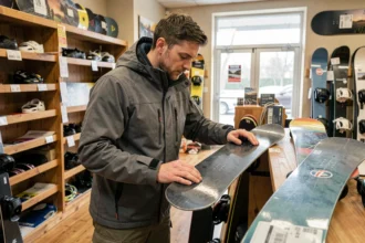 Snowboarder comparant deux planches en magasin spécialisé pour évaluer le rapport qualité-prix
