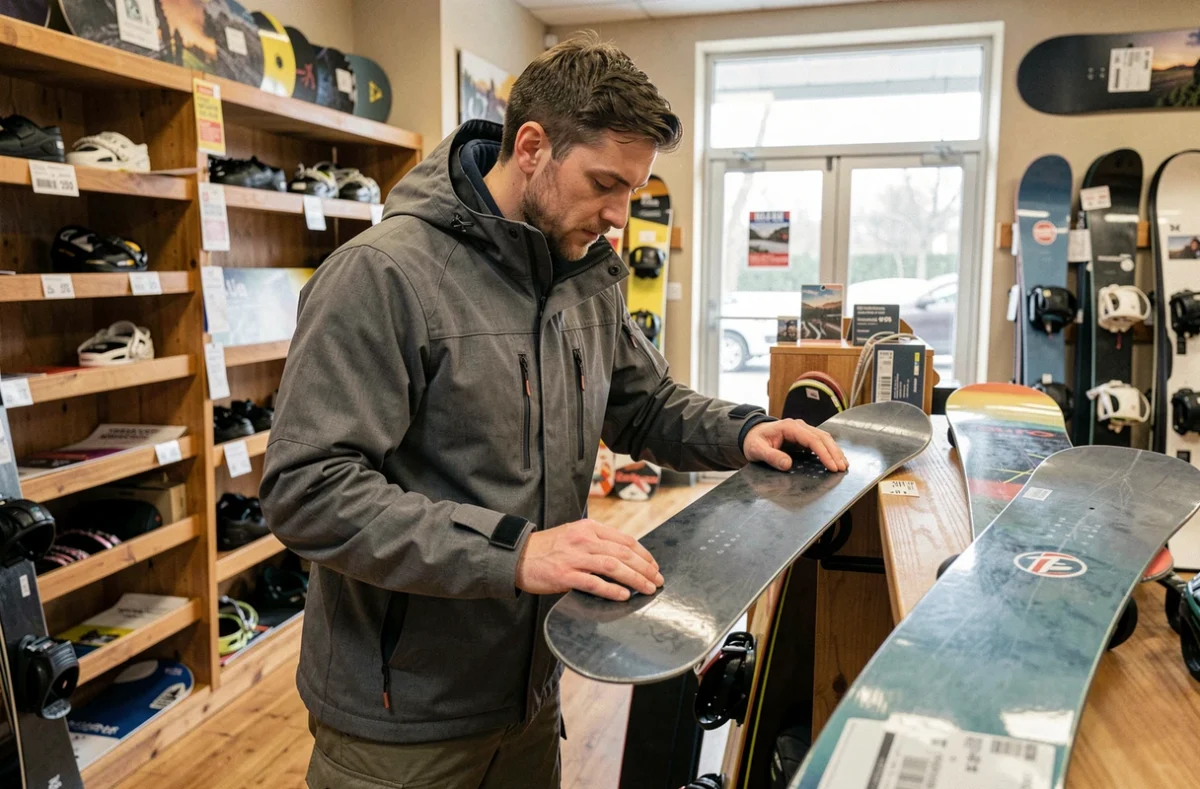 Snowboarder comparant deux planches en magasin spécialisé pour évaluer le rapport qualité-prix