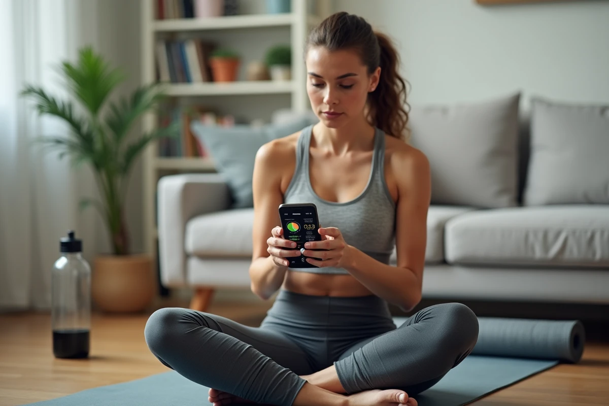 Femme comparant des applications de fitness sur smartphone dans un salon moderne aménagé pour le sport à domicile