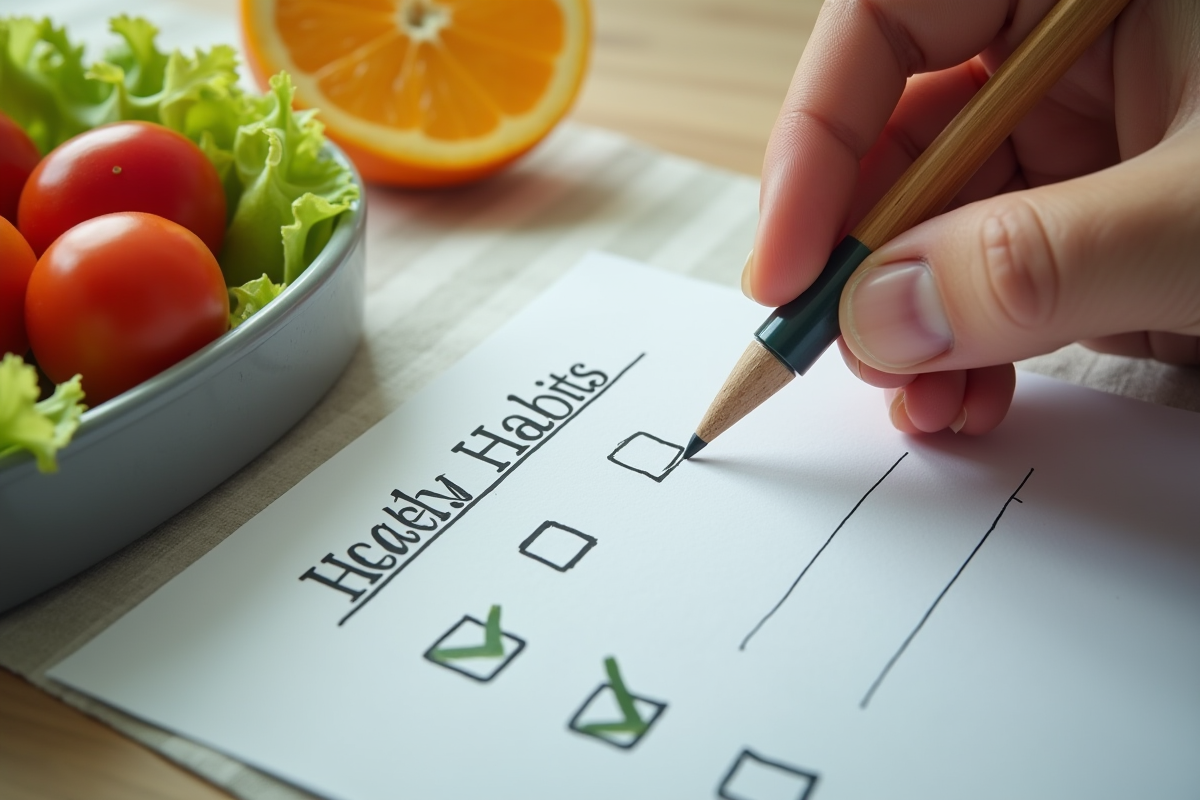 Main cochant une liste d habitudes saines avec un déjeuner équilibré