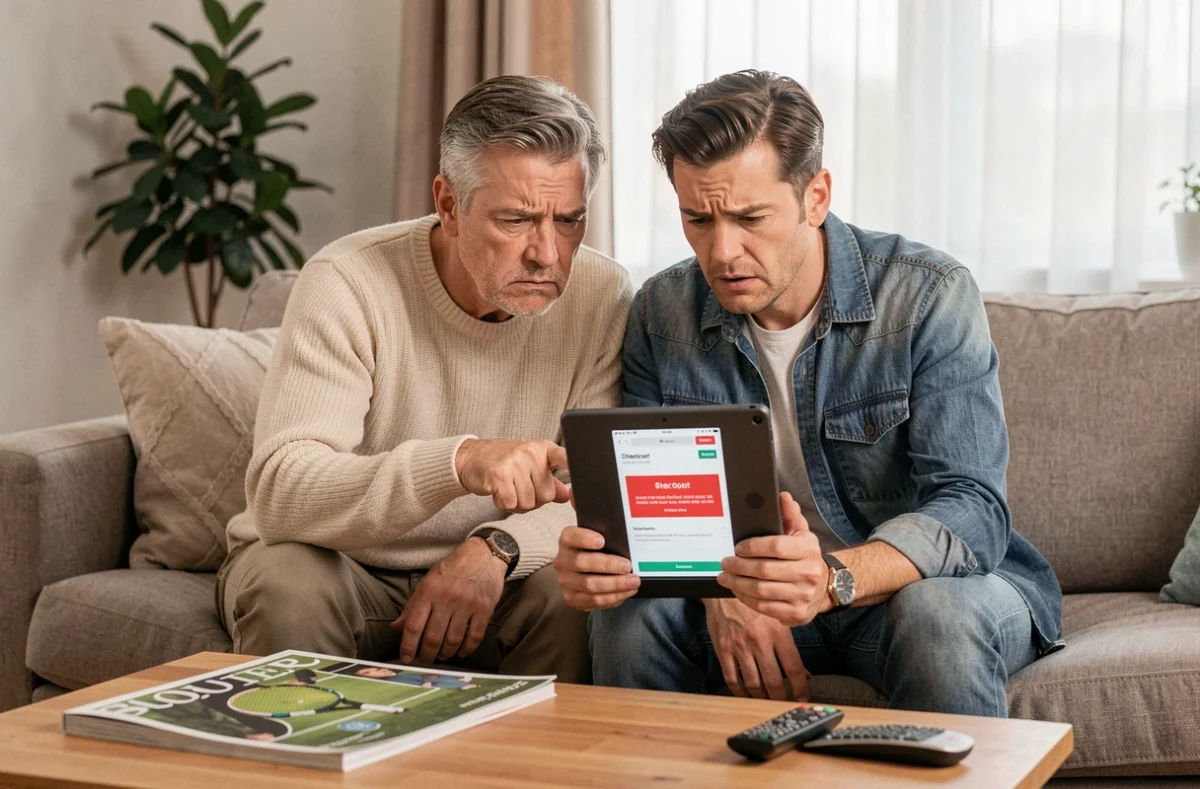 Couple perplexe sur un canapé tentant d'appliquer un code promotionnel tennis sur une tablette