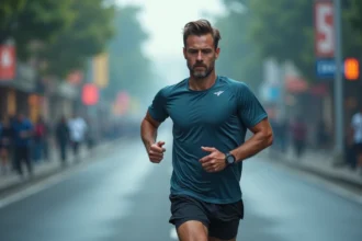 Coureur masculin vérifiant son allure sur une montre GPS en course sur route urbaine