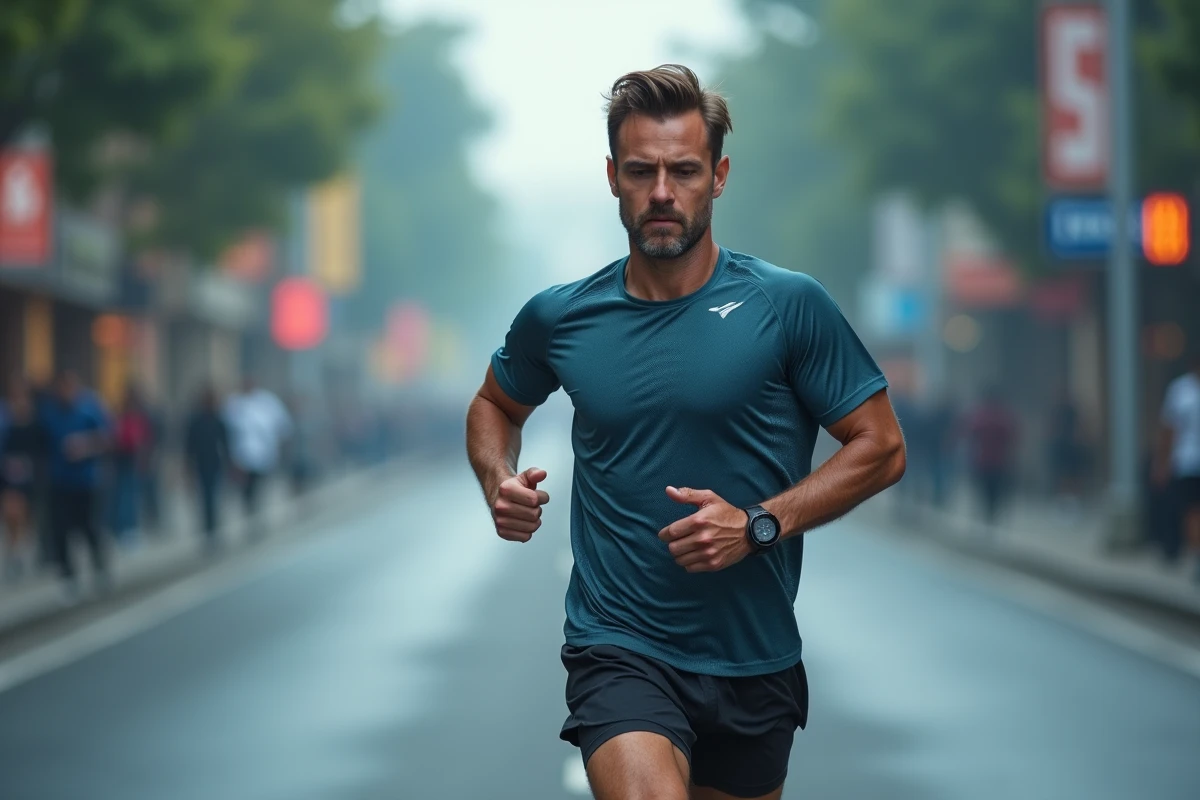 Coureur masculin vérifiant son allure sur une montre GPS en course sur route urbaine