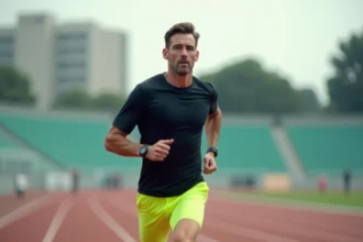 Coureur masculin en plein effort sur une piste d'athlétisme, illustrant le calcul de vitesse de course et les allures en running