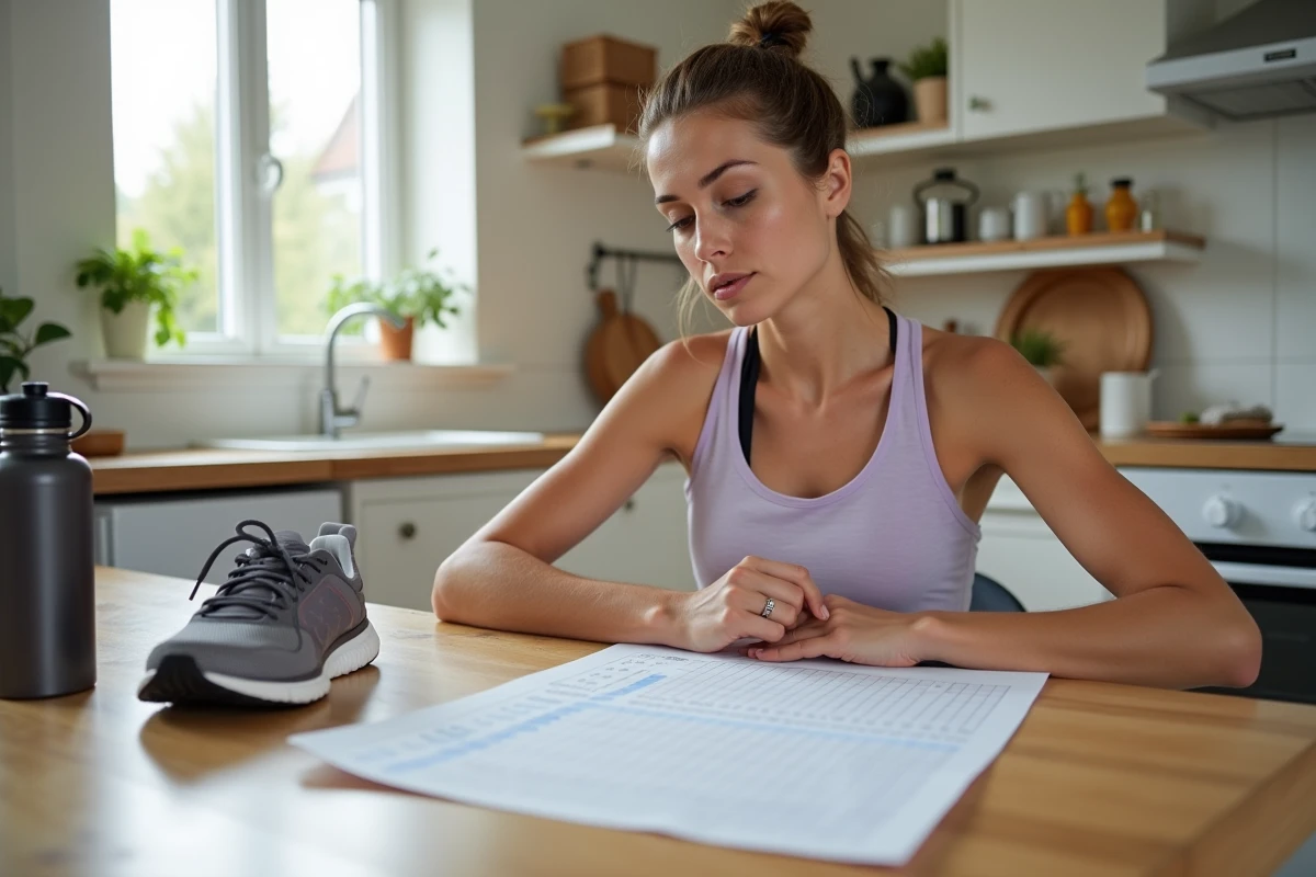 Coureuse analysant un tableau d'allure kilomètre par heure pour préparer un semi-marathon