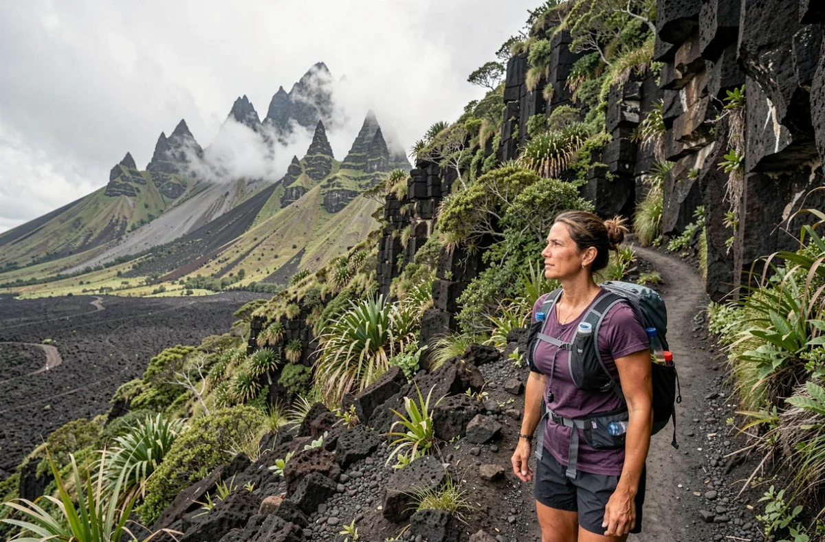 Coureuse de trail debout sur un sentier volcanique de La Réunion, symbolisant la préparation et l'espoir d'être sélectionnée au tirage de la Diagonale des Fous