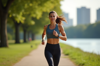 Femme courant dans un parc urbain au bord de la rivière