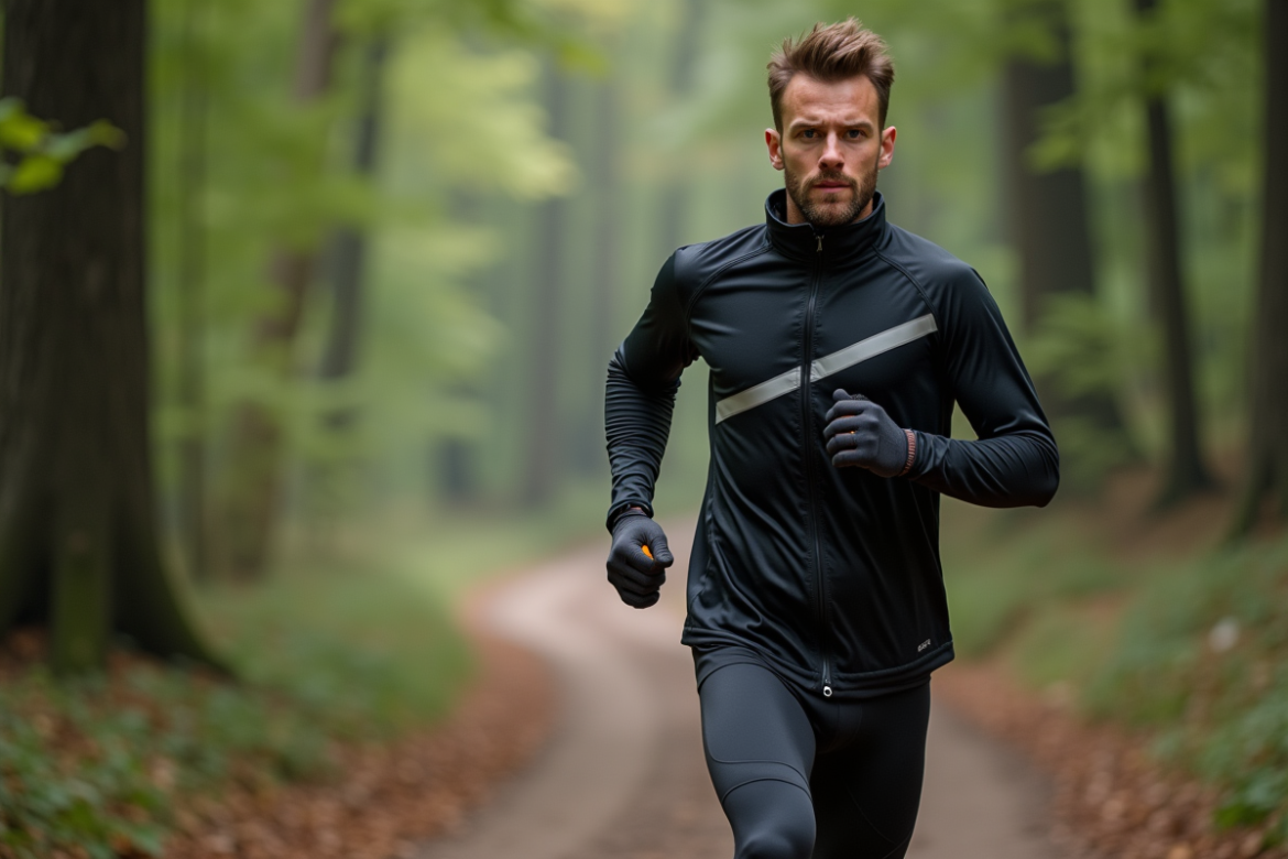 Jeune homme en course dans la forêt avec équipement technique