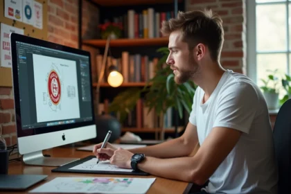 Designer créant un logo de club de football FC sur tablette graphique dans un studio créatif