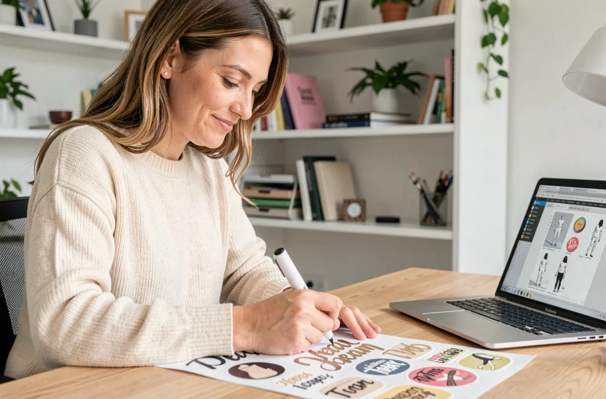 Femme créant des stickers personnalisés avec le nom d'une équipe à son bureau à domicile