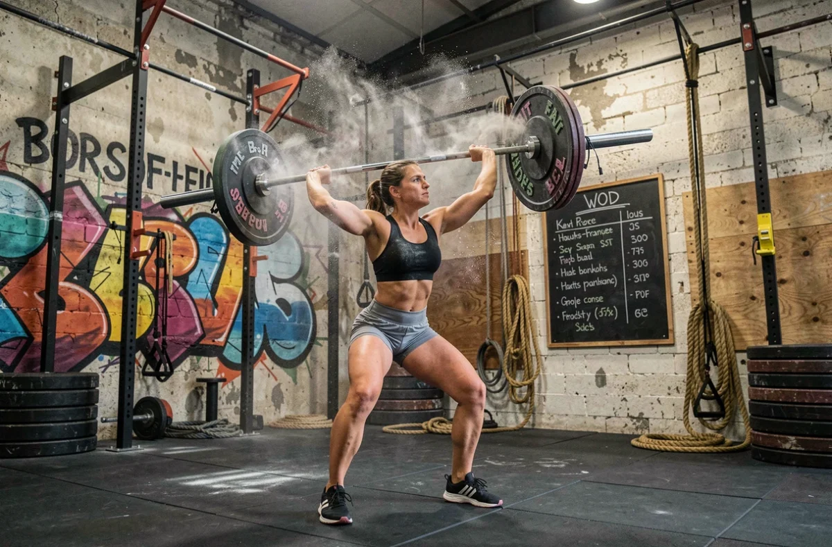Athlète féminine réalisant un arraché avec barre dans la box CrossFit Aléa, ambiance industrielle typique du CrossFit