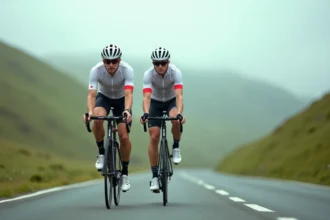 Cycliste amateur sur un Van Rysel RCR en pleine ascension sur route vallonnée, kit de compétition blanc et rouge