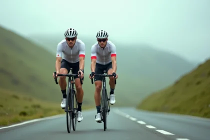 Cycliste amateur sur un Van Rysel RCR en pleine ascension sur route vallonnée, kit de compétition blanc et rouge