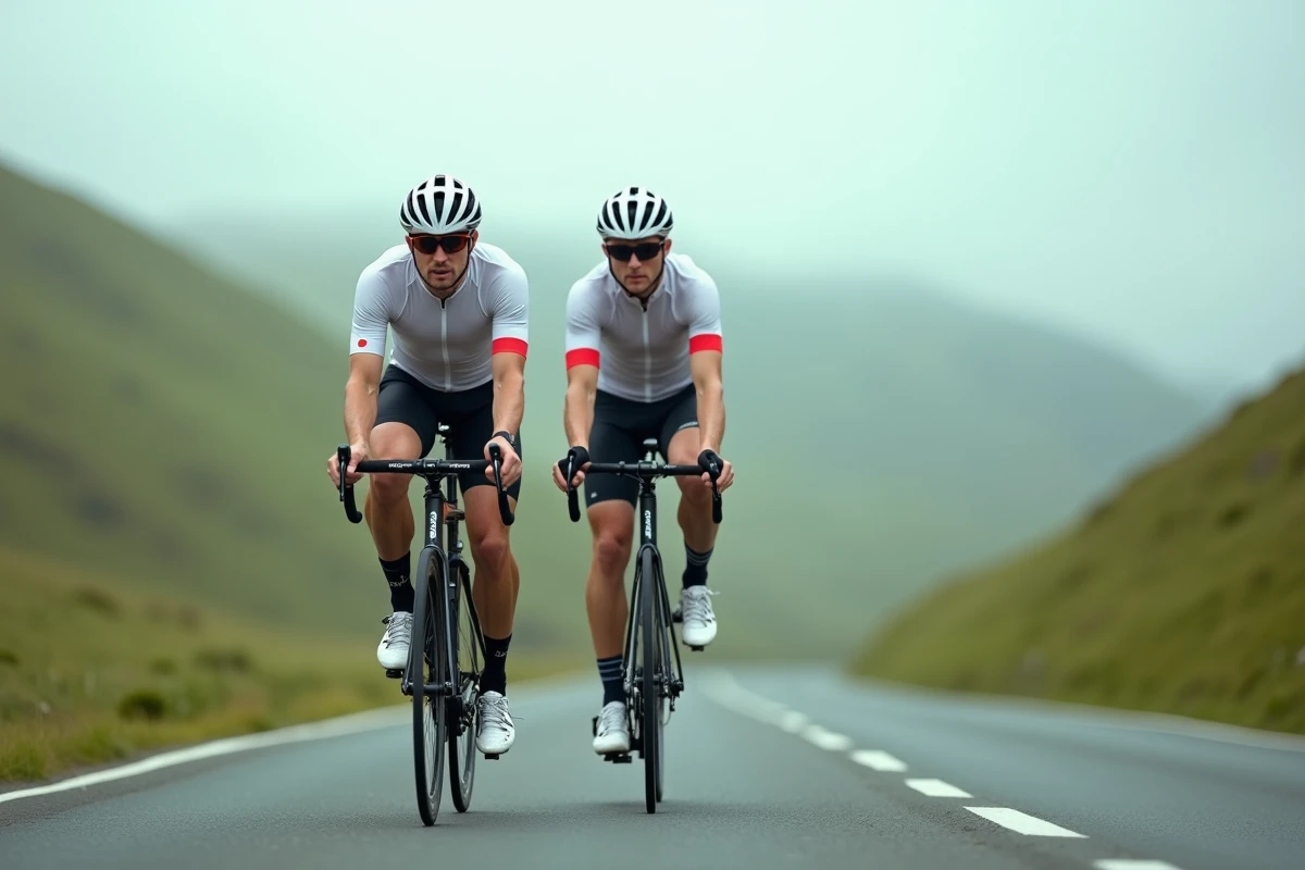 Cycliste amateur sur un Van Rysel RCR en pleine ascension sur route vallonnée, kit de compétition blanc et rouge
