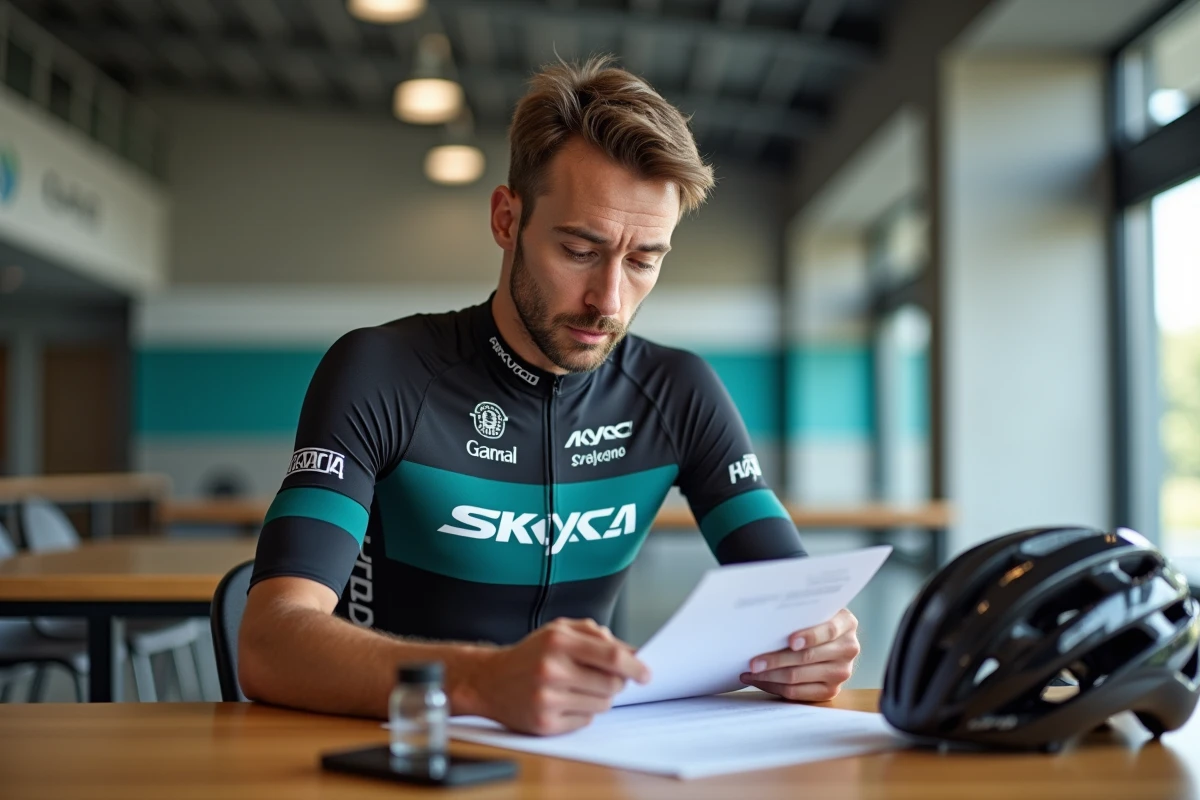 Cycliste professionnel examinant un contrat salarial dans une salle d'équipe moderne