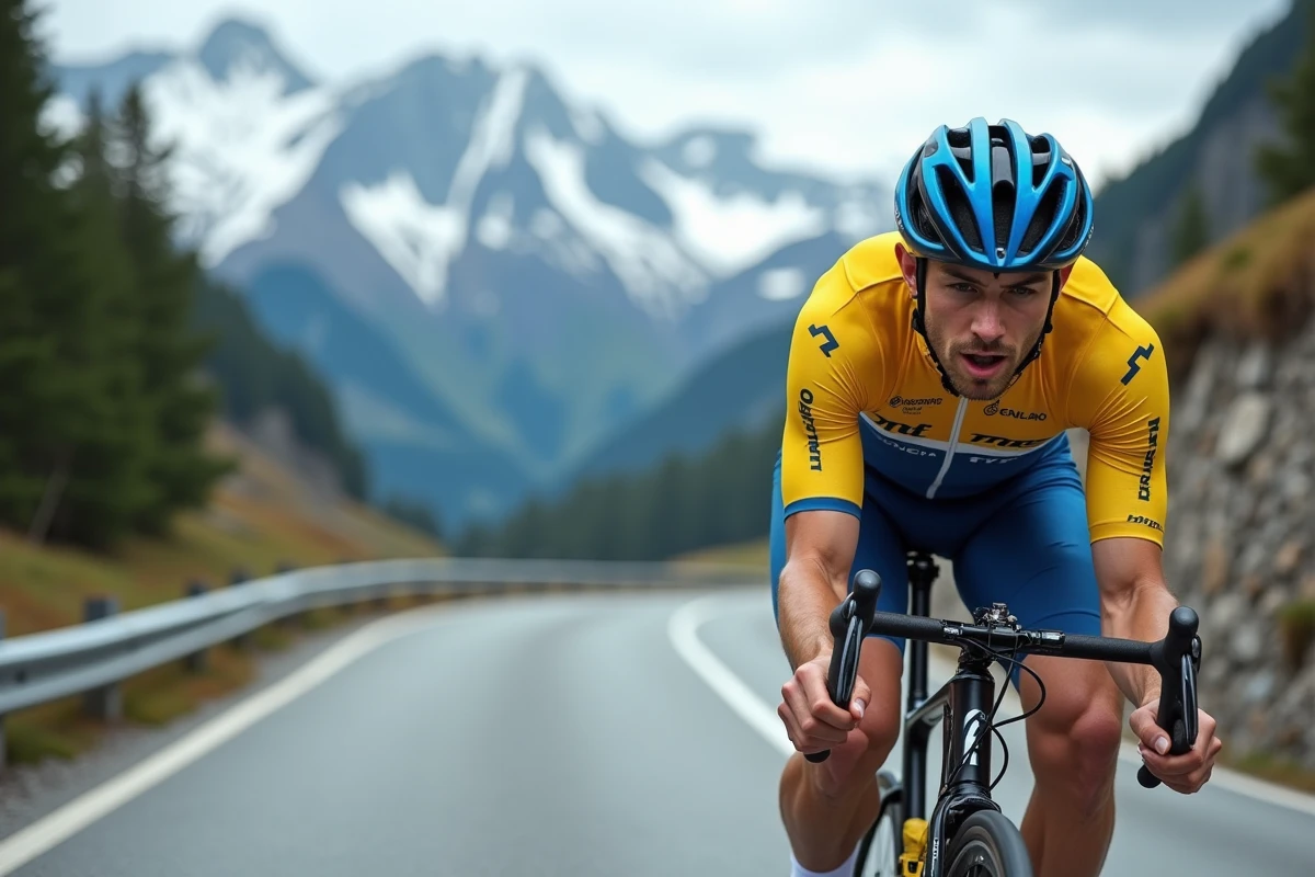 Cycliste professionnel en plein effort sur une route de montagne alpine lors d'un grand tour cycliste