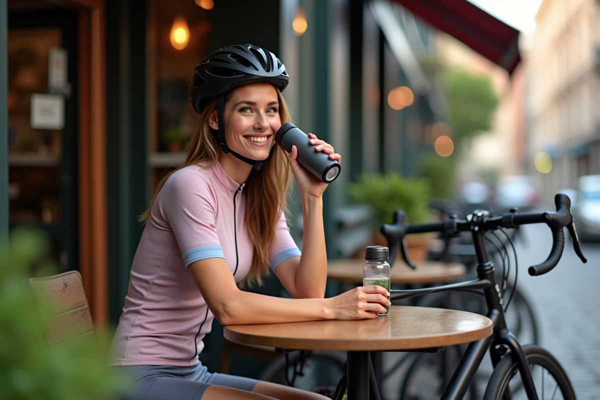 Femme cycliste se reposant au cafe avec son vélo