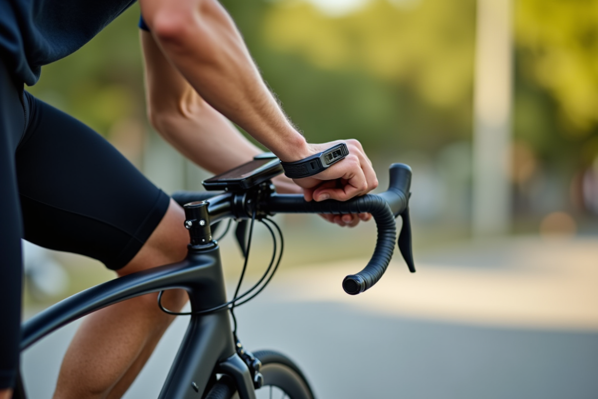 Cycliste ajustant support téléphone sur vélo urbain