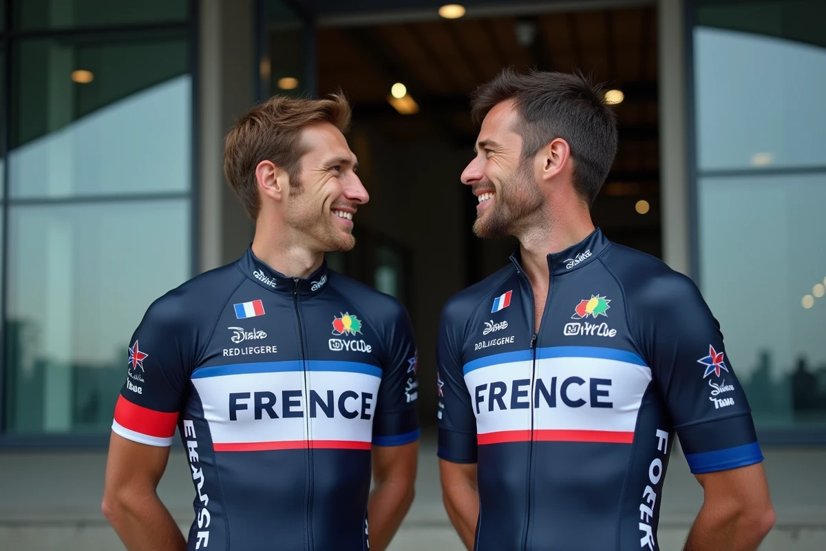 Deux cyclistes professionnels de nationalités différentes discutant devant un vélodrome international
