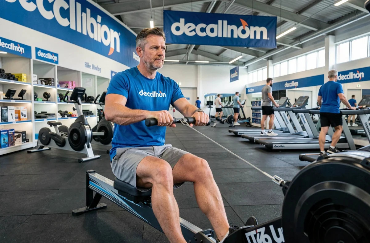 Homme pratiquant l'aviron sur rameur dans le Decathlon Fitness Club Lille, espace sportif spacieux avec équipements variés