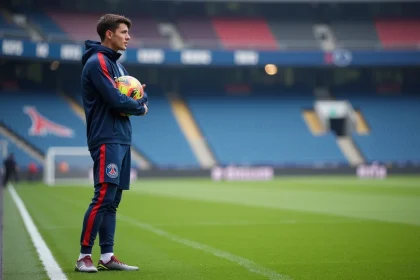 Jeune défenseur PSG en entraînement sur le terrain