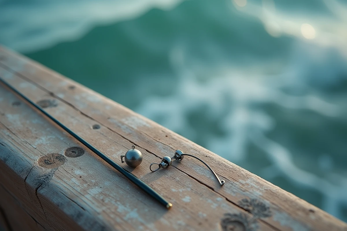 Détail d'un montage bar surfcasting minimaliste avec hameçon, fluorocarbone et émerillon sur boîte de pêche boisée
