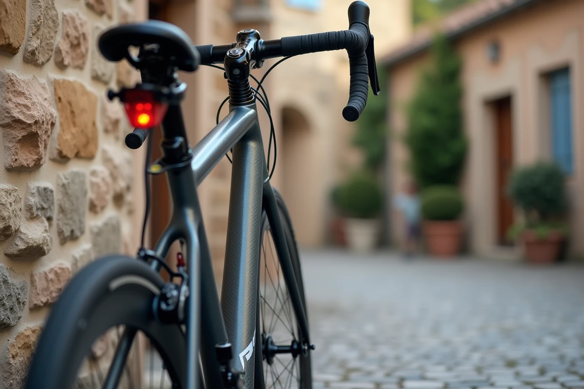 Détail du cadre carbone Van Rysel RCR appuyé contre un mur en pierre lors d'une course cycliste amateur en village français