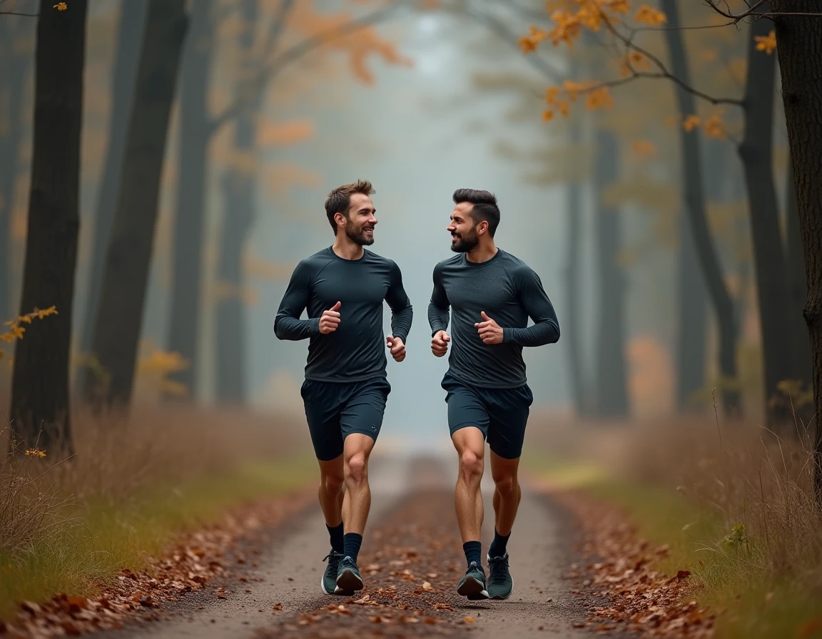 Deux coureurs sur un sentier forestier en automne, discutant de leur allure et de leur vitesse de course lors d'un entraînement en nature
