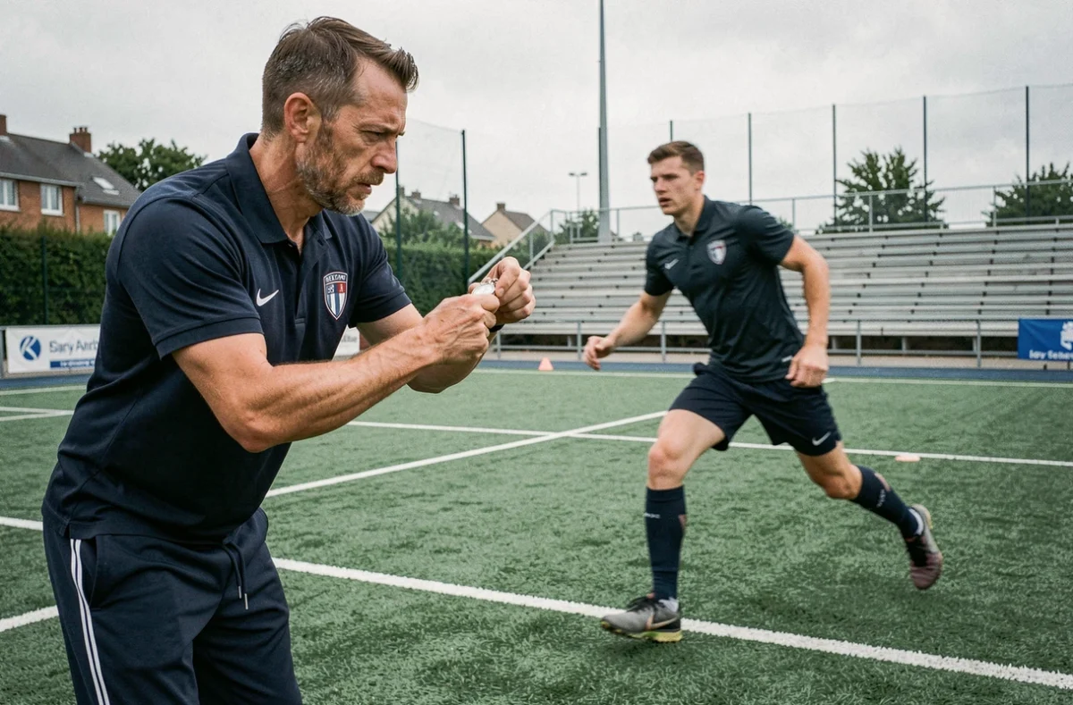 Dheker Khlifi chronométrant un exercice de sprint pour un joueur de football sur un terrain synthétique à Évry