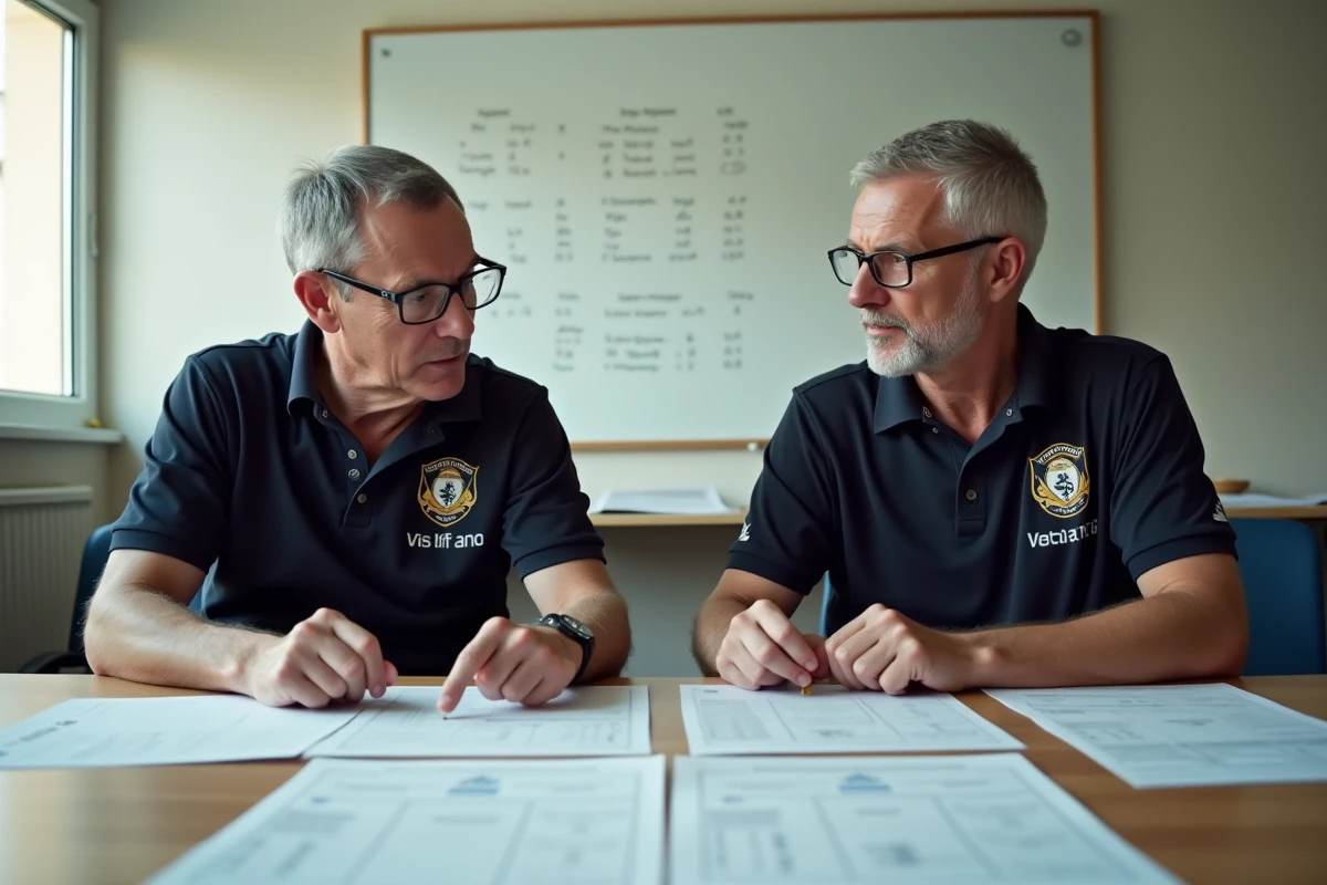 Dirigeants du district de l'Hérault examinant les calendriers de championnat de football amateur dans une salle de réunion de club