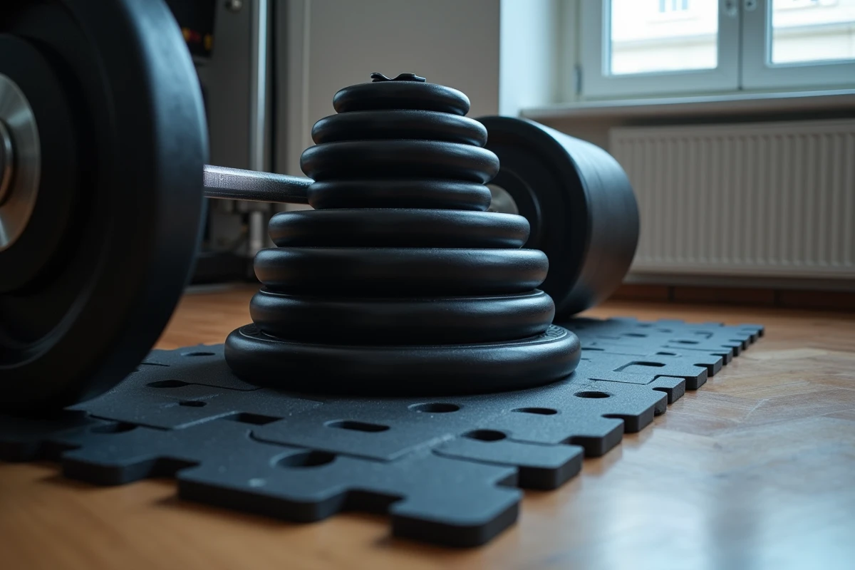 Gros plan sur des disques de musculation en caoutchouc et un tapis de sol de protection dans un coin d'appartement