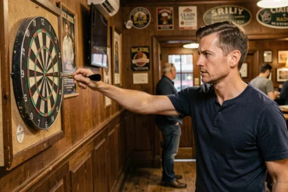 Joueur de fléchettes adulte en pub britannique visant une cible à la distance réglementaire de 2,37 mètres