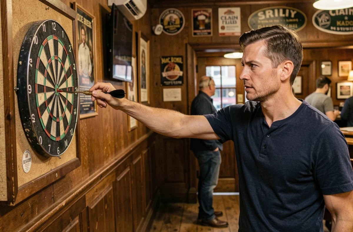 Joueur de fléchettes adulte en pub britannique visant une cible à la distance réglementaire de 2,37 mètres