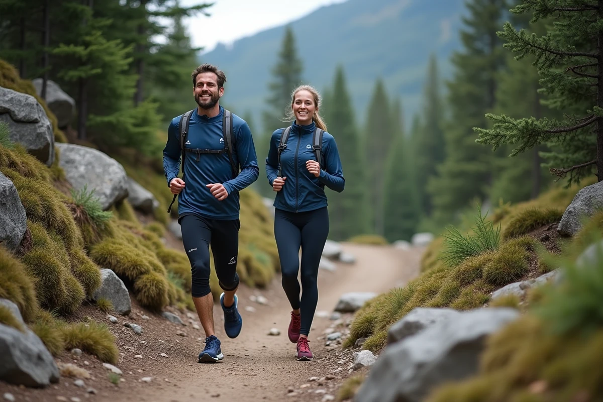 Deux coureurs de trail progressant ensemble sur un sentier forestier et rocheux en montagne