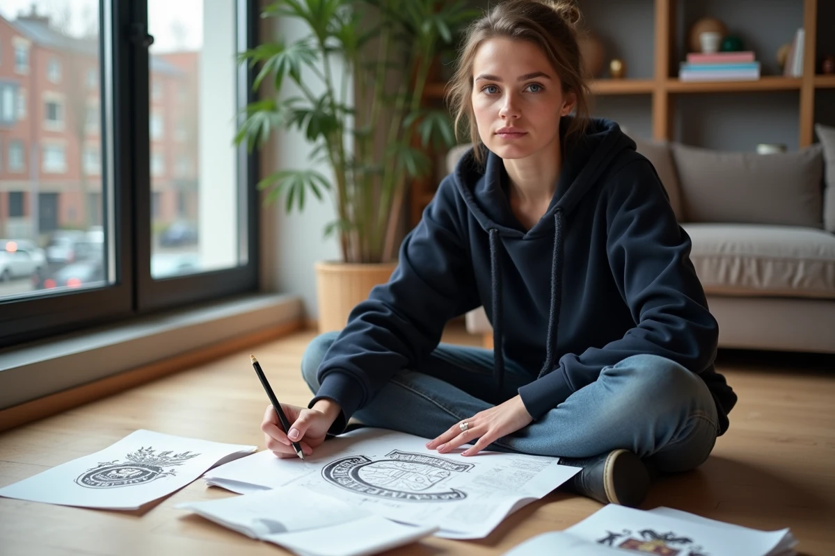 Jeune femme dessinant des ébauches de logo FC football dans un carnet de croquis sur le sol
