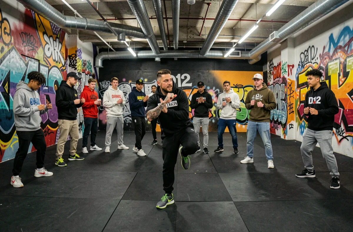 Cours de hip-hop à l'École de Danse D12 avec un groupe de jeunes en tenue streetwear dans un studio urbain