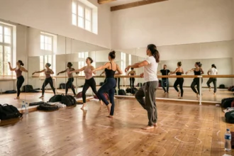 Vue panoramique d'un studio de danse dans les Bouches-du-Rhône avec des danseurs de styles variés en pleine répétition
