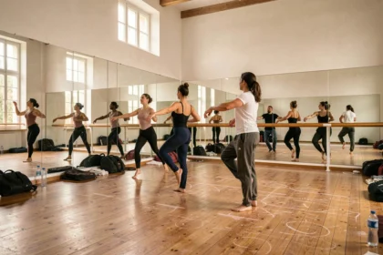 Vue panoramique d'un studio de danse dans les Bouches-du-Rhône avec des danseurs de styles variés en pleine répétition