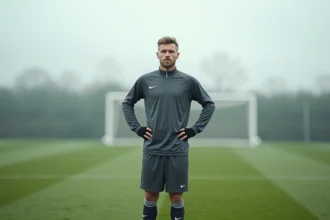 Joueur de football professionnel d'une trentaine d'années en tenue d'entraînement sur un terrain de football, regard pensif évoquant une carrière à un tournant