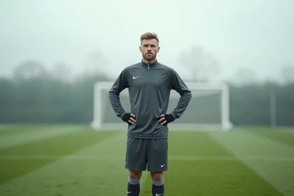 Joueur de football professionnel d'une trentaine d'années en tenue d'entraînement sur un terrain de football, regard pensif évoquant une carrière à un tournant