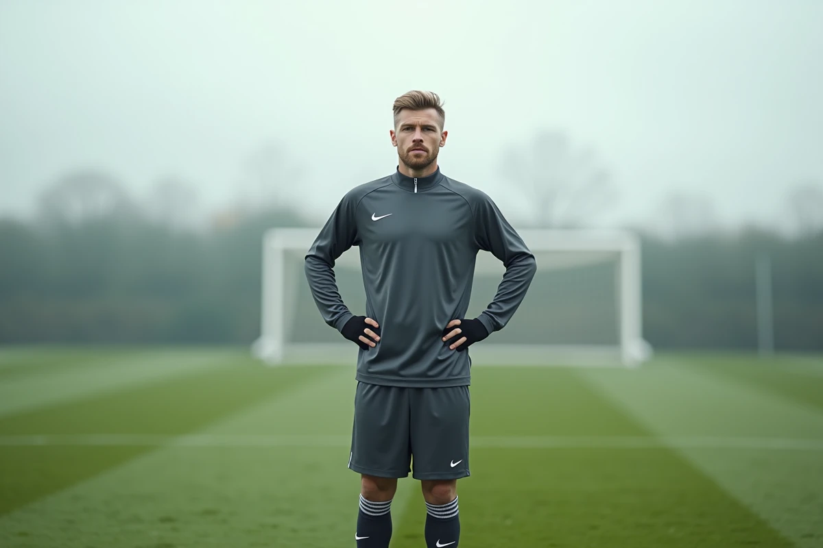Joueur de football professionnel d'une trentaine d'années en tenue d'entraînement sur un terrain de football, regard pensif évoquant une carrière à un tournant