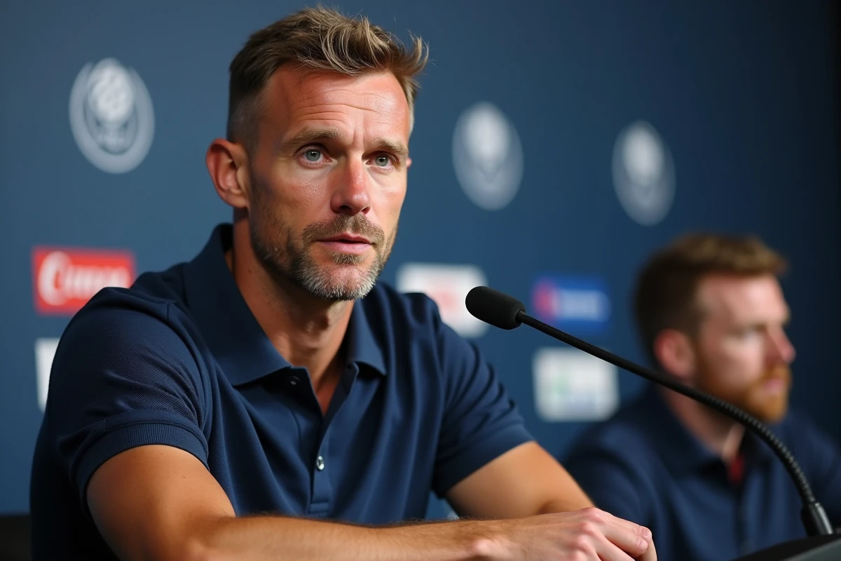 Ancien joueur de football lors d'une conférence de presse, microphones en premier plan et fond médiatique flou, évoquant le bilan d'une carrière professionnelle en 2026