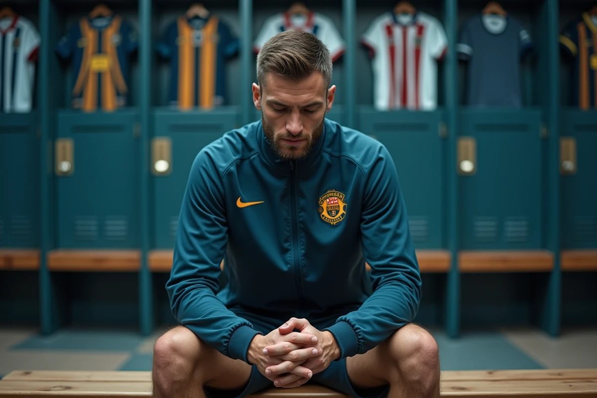 Footballeur professionnel assis dans un vestiaire moderne, expression pensive et silencieuse illustrant une période de transition dans sa carrière sportive