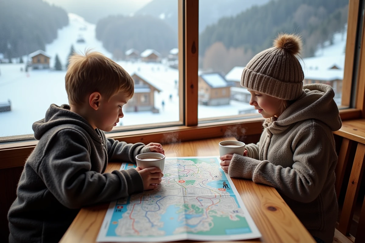 Enfants regardant un plan de ski à Les Deux Alpes