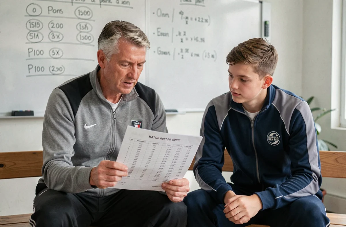 Entraîneur de padel analysant les statistiques de classement P100 avec un joueur dans un club sportif