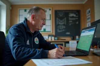 Homme d'âge moyen en survêtement navy devant un ordinateur