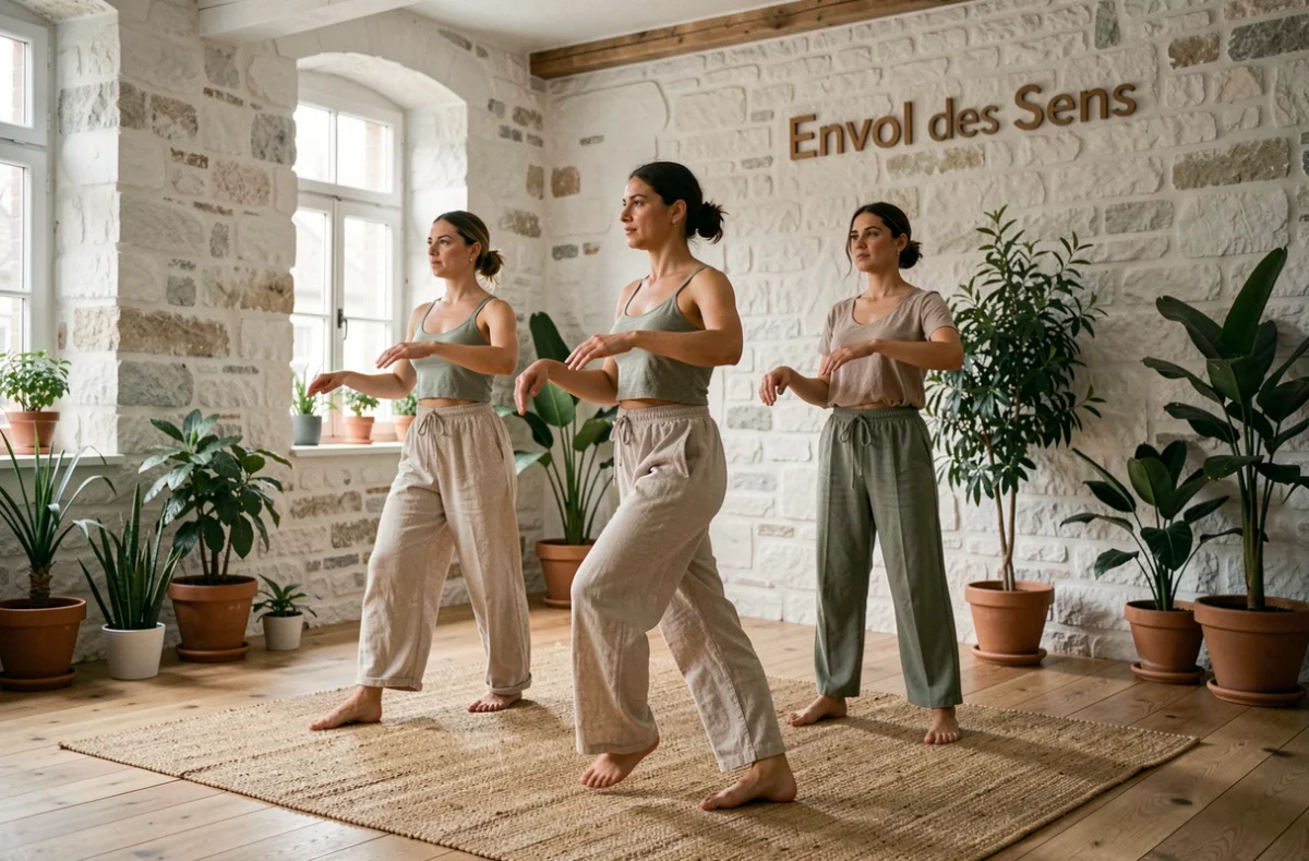 Cours de danse sensorielle et contemporaine à Envol des Sens avec des femmes adultes dans un studio chaleureux et naturel