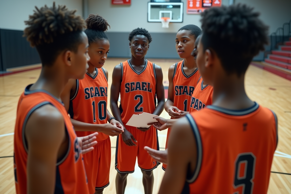 Groupe de jeunes en discussion stratégique en basket