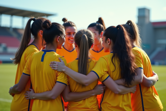 Equipe féminine de football en groupe soudé en extérieur